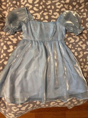 Shimmer Puff-Sleeve Square-Neck Dress in Light Blue